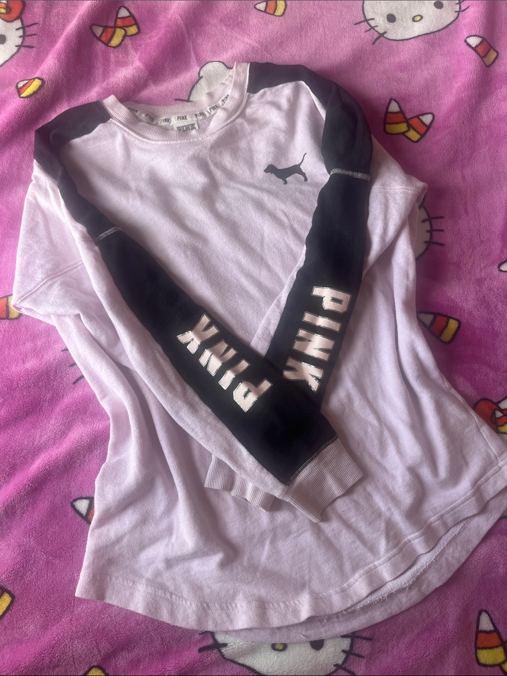 PINK Victoria's Secret Light Pink Long Sleeve Raglan Tee with Black Sleeves